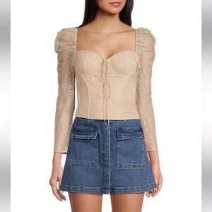 Laura Woven Lace Sweetheart Neck Tie Front Long Sleeve Fitted Blouse Oatmeal